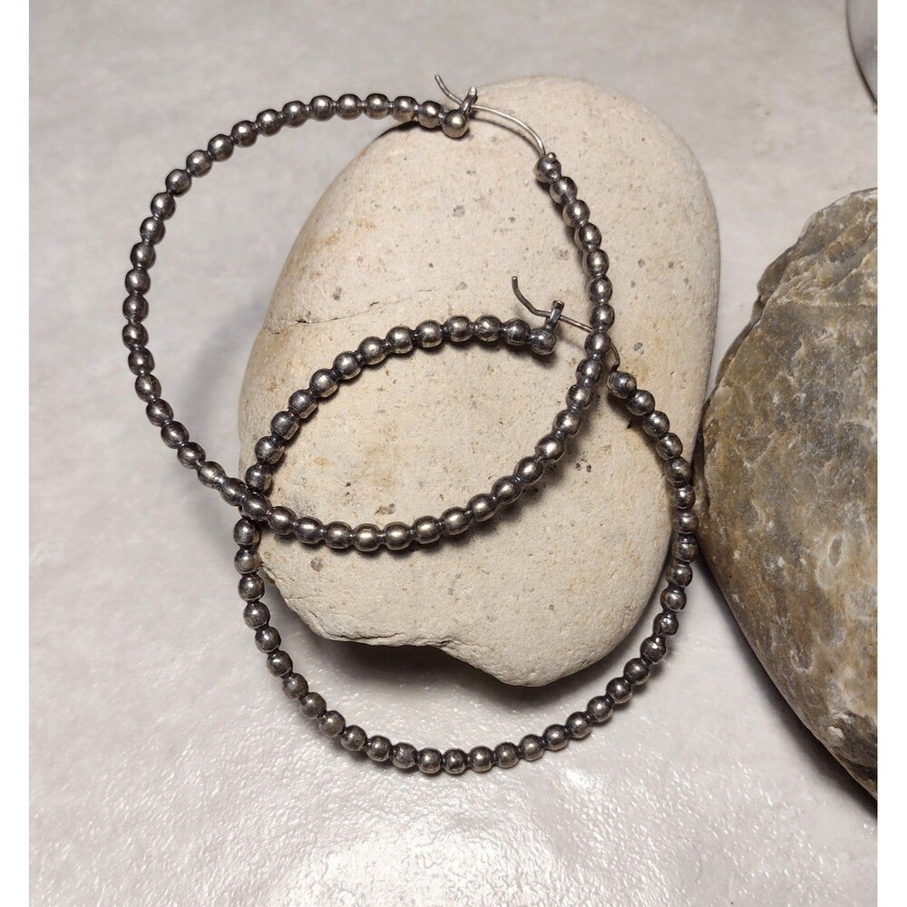 3" Vintage Silver tone Ball Bead Big Hoop Dangle Earrings - Picture 3 of 7